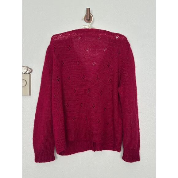 Gorgeous Handmade Knit Berry Red Wool Cardigan Pointelle Fits like Medium - Picture 5 of 10